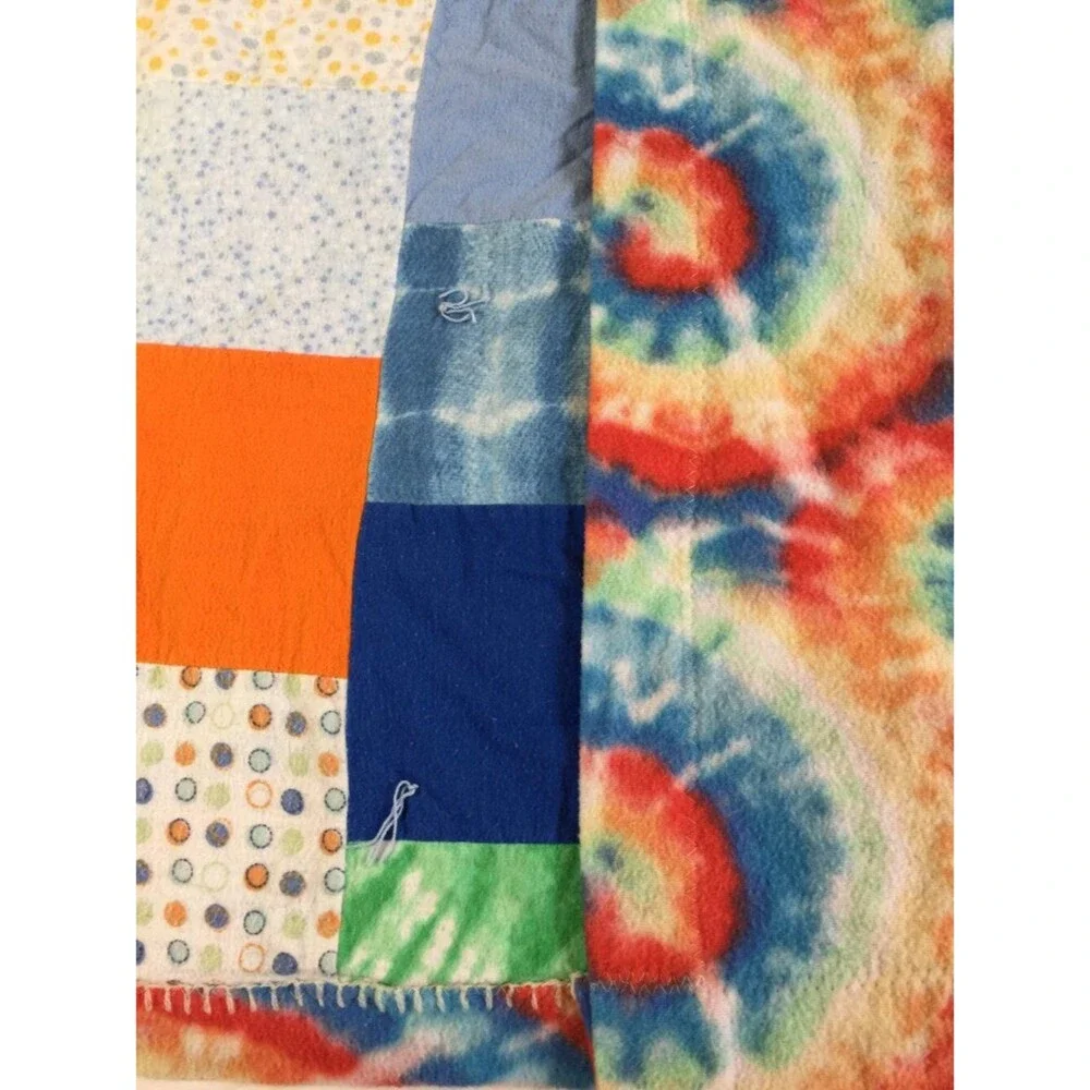 Handmade Reversible Patchwork Quilt Blanket 53x44 Hand Tied Fleece Backing Lap